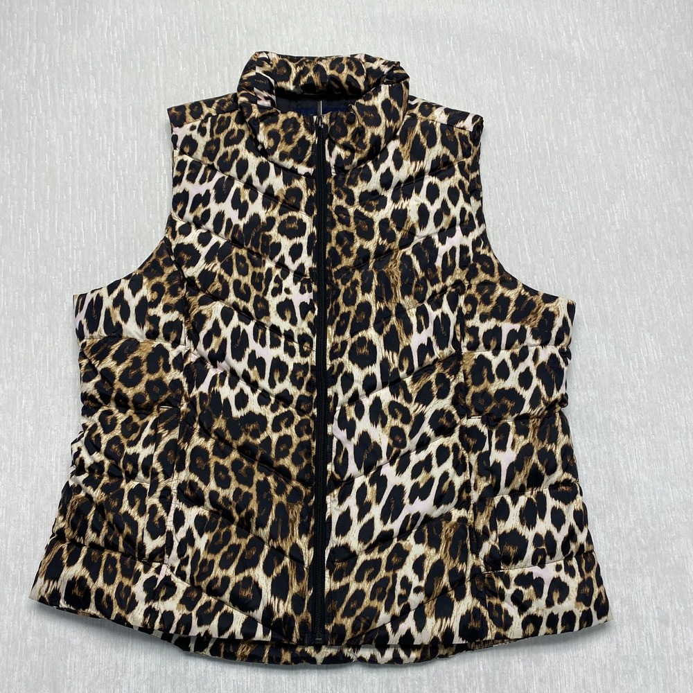 Lands' End Down Puffer Vest Womens XL Multicolor Leopard Safari Full Zip Warm